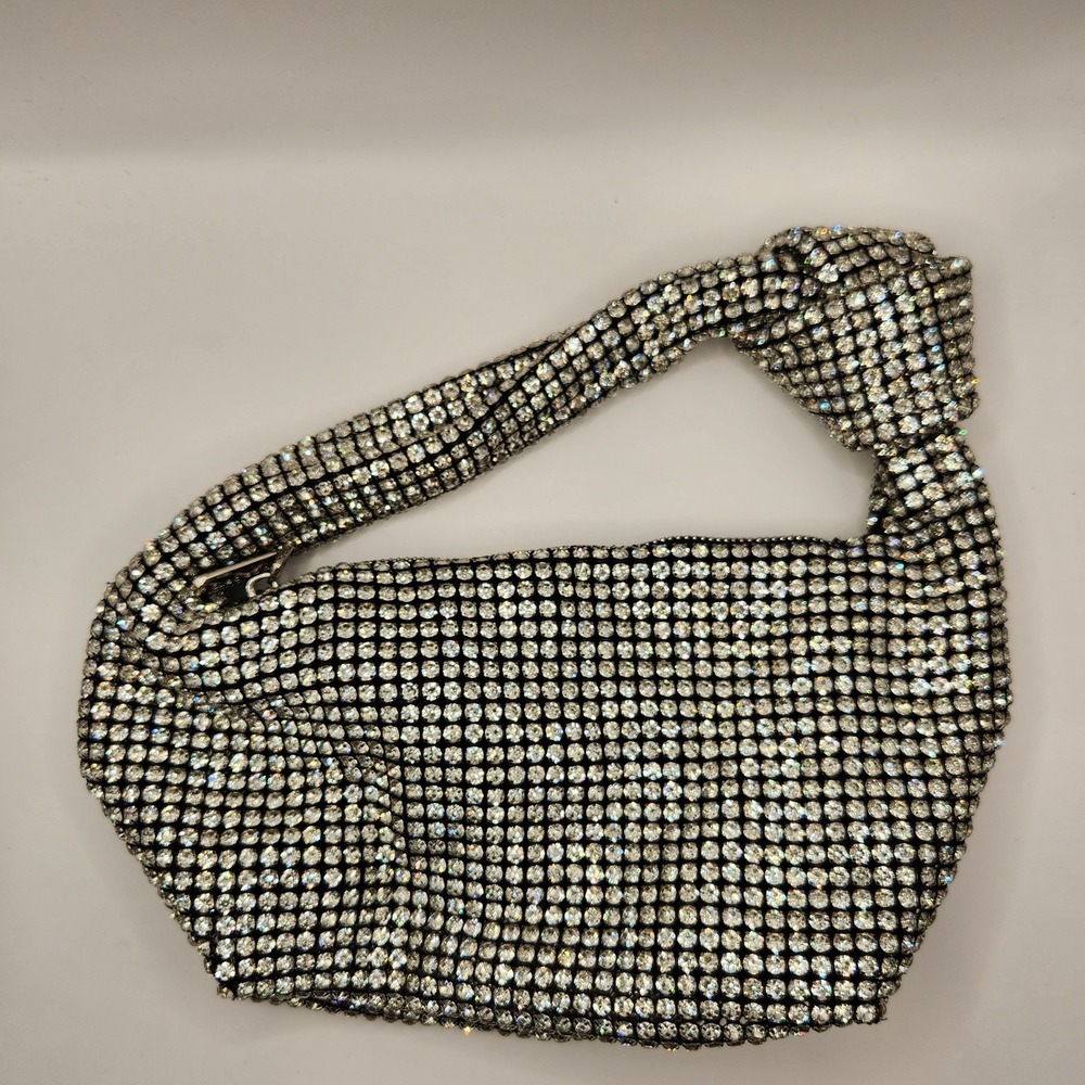 Olga Berg Crystal Mesh Knot Handle Evening Bag Silver Slouchy Clutch Purse Polly